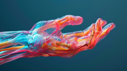 Close-up 3D view of a human hand, bones and muscles detailed in vibrant colors, showcasing the complexity of movement