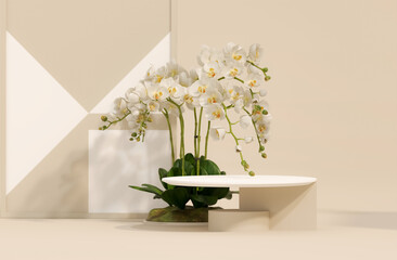 3D rendering orchid flower background white color with geometric shape podium for product display, minimal concept, Premium illustration pastel floral elements, beauty, cosmetic.

