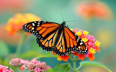 Naklejka premium Beautiful images in nature of monarch butterflies on lantana flowers which are very stunning