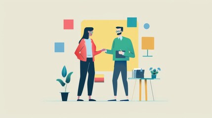 An illustration in 2D flat style featuring a character meeting with a business partner to discuss a new venture. The minimalist design highlights the collaboration and partnership essential for