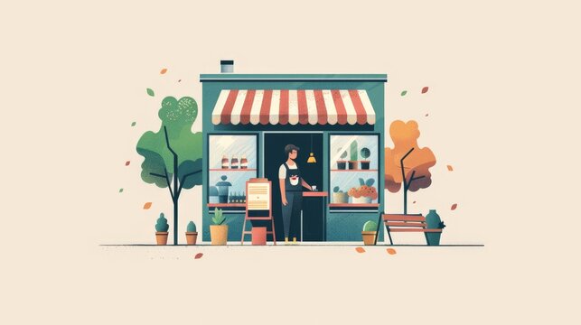 A flat design illustration depicting a small business owner proudly standing in front of their new storefront. The minimalist background showcases the simplicity and excitement of launching a new