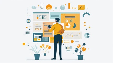 An illustration in 2D flat style featuring a character using digital tools to plan and manage their new business venture. The minimalist design emphasizes the role of technology in modern