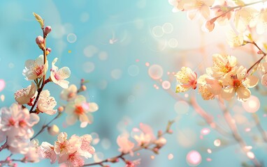 Beautiful floral spring abstract nature background. Macro branch of blooming apricots in soft focus on a very beautiful soft light blue sky background