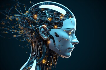 Futuristic design of an android head, with visible wires, connections, and nodes. The cybernetic elements are meticulously integrated, portraying a technological marvel and the convergence of human