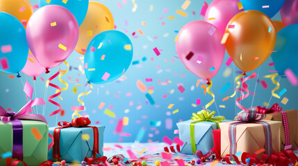 Celebrate in Gold themed New Year celebration with balloons, a gift box, and a festive curtain.