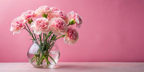 Tender carnation flowers in a glass vase on pastel pink background , carnation, flowers, tender, delicate, glass vase, pastel pink, floral arrangement, soft, feminine, bloom, blossoms