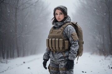 Young female soldier wearing winter camo military gear. girl fighter