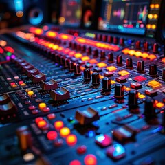 Obraz premium Close-up view of audio console with colorful buttons and displays, blurred background, mixing panel focus, creating a sense of professional atmosphere in music production style.