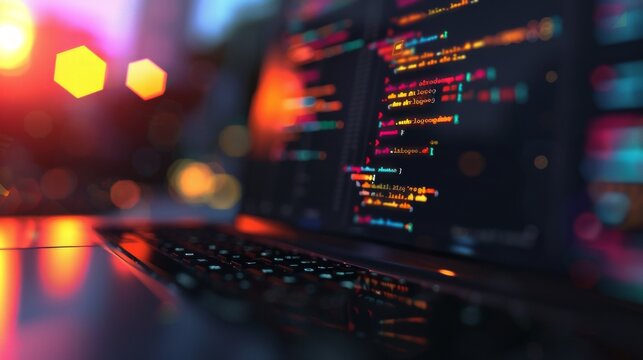 A close-up on a laptop screen displaying code with cloud service APIs and a blurred background of a modern data center, DevOps, Cloud Technologies, dynamic and dramatic compositions 