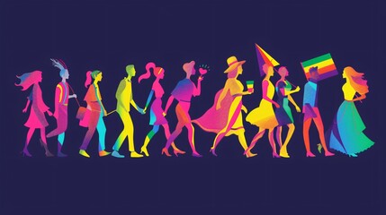 Obraz premium A striking vector illustration capturing the colorful and vibrant essence of LGBTQ+ Pride month, featuring a group of people walking the catwalk, adorned in rainbow-themed attire and accessories,