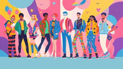 An eye-catching vector illustration portraying the diversity and acceptance of LGBTQ+ Pride month, with a group of individuals modeling on the catwalk, representing different genders, sexual