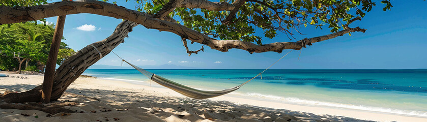 beach, sand with a big tree branch, and hammock.