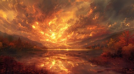 An evocative depiction of twilight hues painting the sky during autumn, with dramatic clouds swirling overhead. The digital artwork captures the tranquil beauty of the changing seasons, evoking a