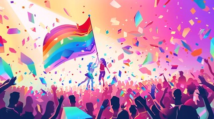 A captivating vector illustration depicting the dynamic energy of LGBTQ+ Pride month celebrations, with a group of people modeling on the catwalk and raising the LGBTQ flag, cheered on by a lively