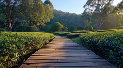 Fototapeta premium A serene morning walk through tea tree rows, wooden boards beneath your feet, a calm and peaceful start