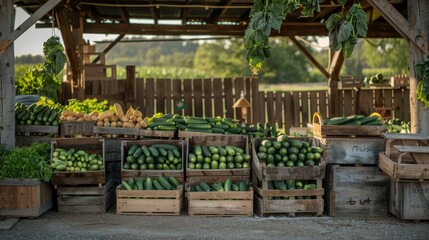 A rustic farm setting with crates of cucumbers packed and ready for market