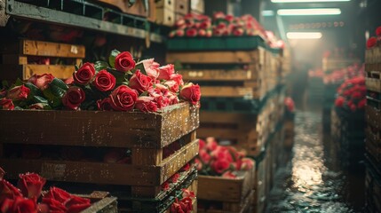 A row of packed crates, each filled with delicate roses, waiting for transport in a dimly lit shipping area