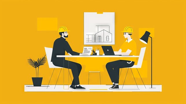 A flat design illustration of an architect discussing design revisions with a construction manager at a meeting table. The minimalist background focuses on the collaborative problem-solving approach