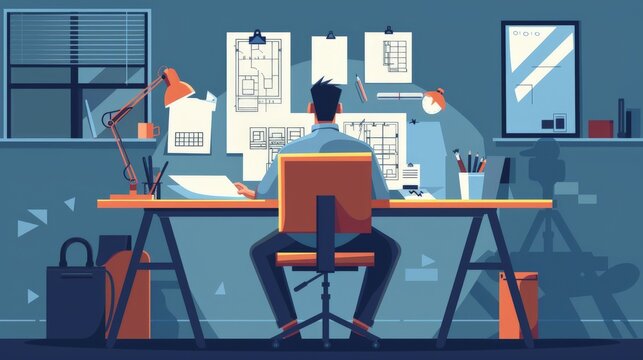 A flat design depiction of an architect working late at their desk, surrounded by blueprints and design sketches. The minimalist background emphasizes the dedication and hard work involved in