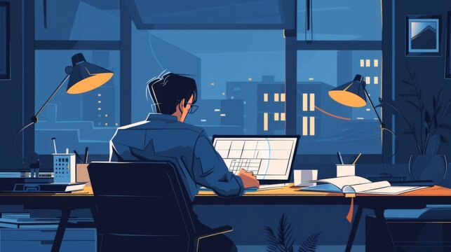 A flat design depiction of an architect working late at their desk, surrounded by blueprints and design sketches. The minimalist background emphasizes the dedication and hard work involved in
