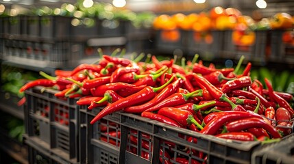 A close-up shot of chili peppers packed tightly in crates, showcasing their freshness and ready for shipment