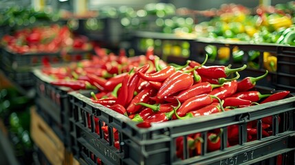 A close-up shot of chili peppers packed tightly in crates, showcasing their freshness and ready for shipment