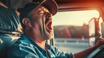 Man truck driver yawning while driving sleepy