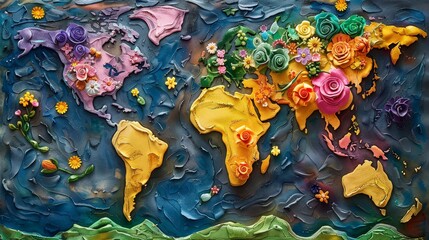 Artistic plasticine map, continents in diverse colors, embellished with small flowers, forests, and hills