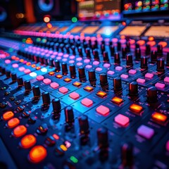 Obraz premium Close-up view of audio console with colorful buttons and displays, blurred background, mixing panel focus, creating a sense of professional atmosphere in music production style.