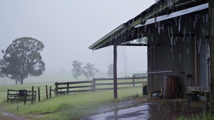 Rainfall on the farm Enjoying a heavy rain while sitting under a shelter as the rain hits the metal roof