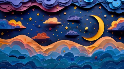 Obraz premium Artistic 3D paper cutout of a starry night sky, featuring a crescent moon and vibrant stars, with layers adding depth and color