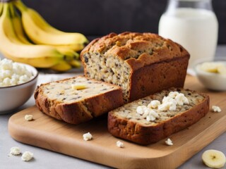  Sliced loaf of cottage cheese banana bread on a wooden cutting board, with main  ingredients - bowl of cottage cheese and banana 