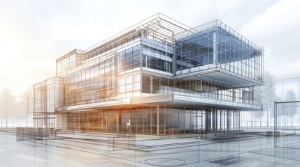 Obraz premium Sketch design and drafting of wireframe building. 3d illustration, Digital project visualization.