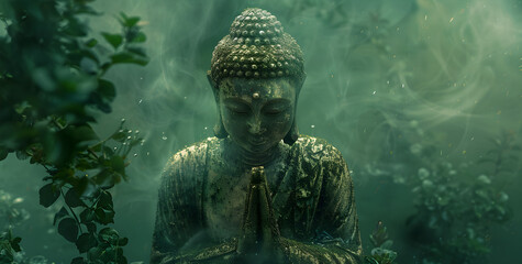 Buddha statue in a serene and mystical green background, conveying peace and spirituality. Suitable for religious and spiritual contexts and meditation practices.