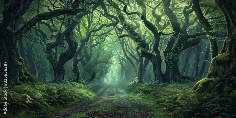 Poster a forest with a path through it