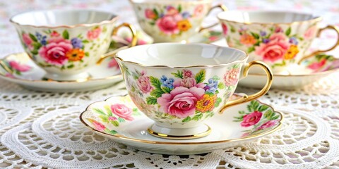 Fine bone china teacups with floral patterns on lace doily , tea, elegant, delicate, porcelain, vintage, tableware, afternoon tea, decoration, decorative, dainty, luxury, feminine, design