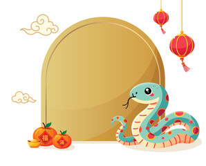 Chinese New Year template background with cheerful snake, lantern, ingot, mandarins illustration with transparent background