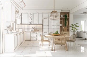 Beautiful Stylish kitchen interior sketch design and drawing with modern furniture. Combination of photo and sketch