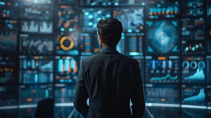 Business professional reviewing data analytics on large digital screens in a dark control room