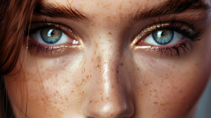 Fototapeta premium A close-up shot of a female model's face with flawless makeup and expressive eyes, captured in high detail under professional lighting