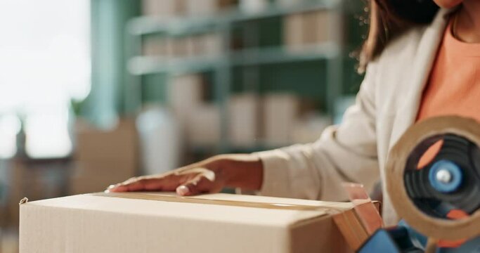 Woman, box and tape for packing in business, distribution and freight shipping for export transport. Female person, employee and cardboard cargo to deliver, designer and seller of good or parcel