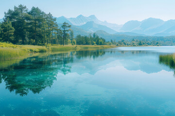 Naklejka premium illustration of morning fog over a beautiful lake surrounded,surrounded by hills, trees and mountains. 