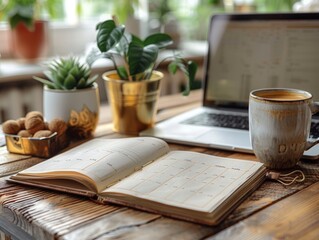 A close-up shot of a planner with a detailed schedule for social media posts and campaigns, next to a laptop displaying content creation tools. The minimalist setting highlights the organized and