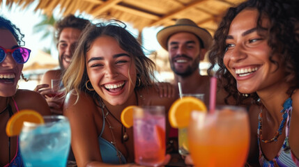 Joyful Young Friends Toasting Cocktails at Sunset Beach Party