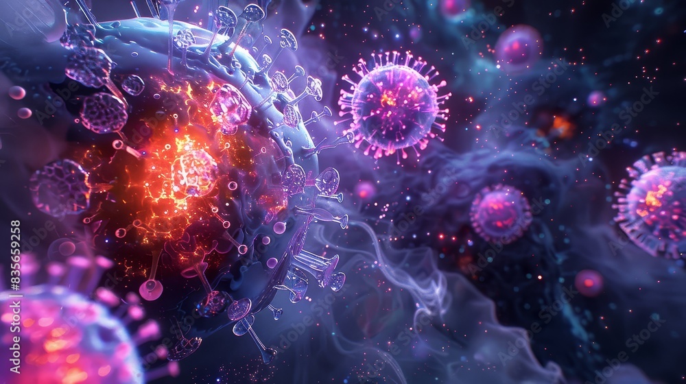 Poster abstract depiction of virus with syringes attacking - a conceptual 3d rendering of a virus being tar