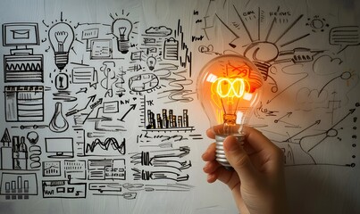 light bulb on the background of doodles with drawings about business and marketing