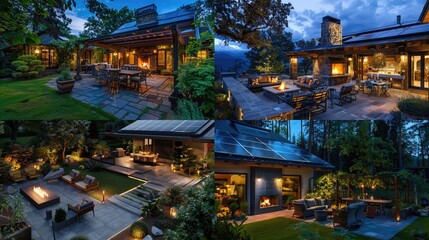 Night view of N?ozy patio with outdoor furniture, outdoor fireplace and solar panels on the roof