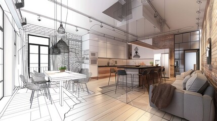 sketch design and drawing, Stylish kitchen interior with modern furniture. Combination of photo and sketch