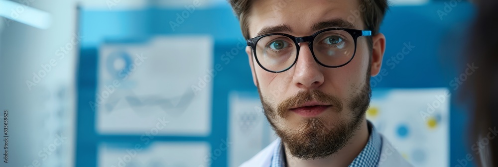 Poster man analyzing data at the workplace - a focused young man with glasses analyzing data in a modern of