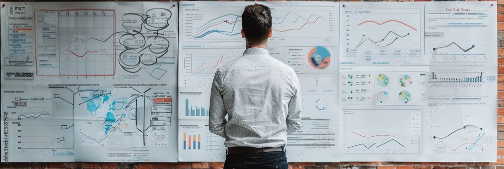 Poster analyzing graphs and charts on board - a focused individual stands before boards filled with numerou